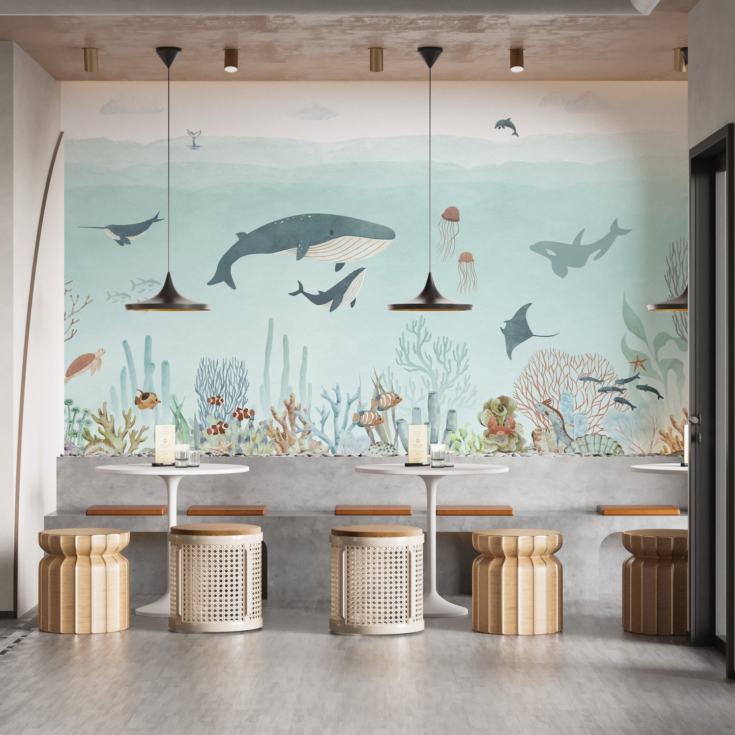 Sensational sea wallpaper mural with blue watercolor whales and coral.