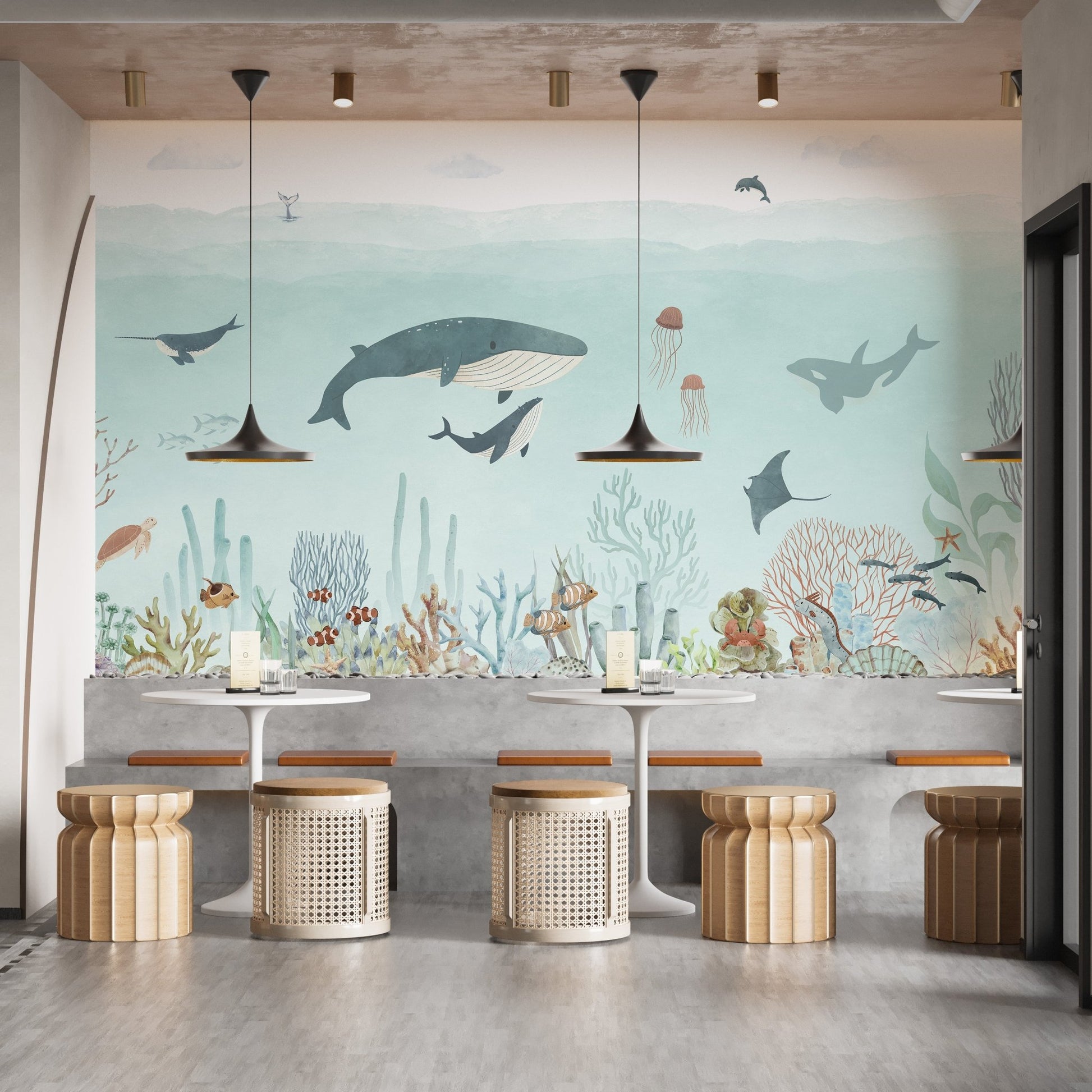 Sensational sea wallpaper mural with blue watercolor whales and coral.