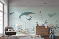 Soft blue sensational sea wallpaper mural with orca and stingray illustrations.