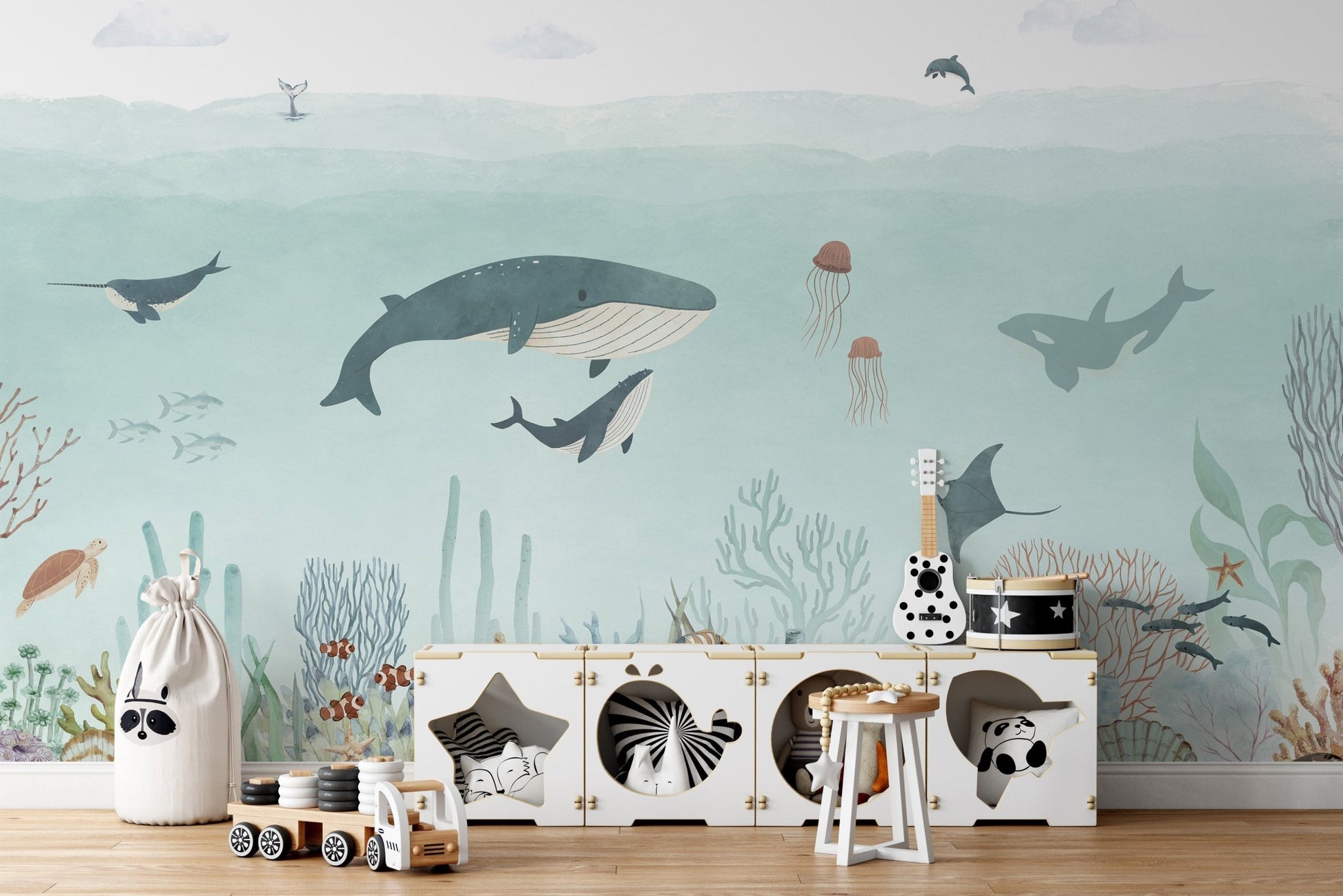 Minimalist sea life wallpaper with matte finish marine animal art.