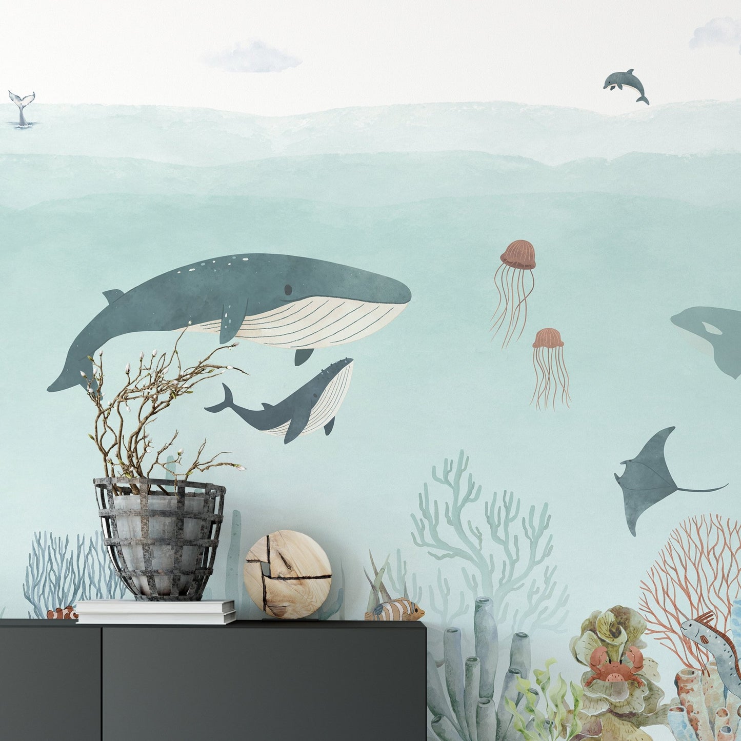 Artistic ocean sensational wallpaper with coral formations and schools of fish.