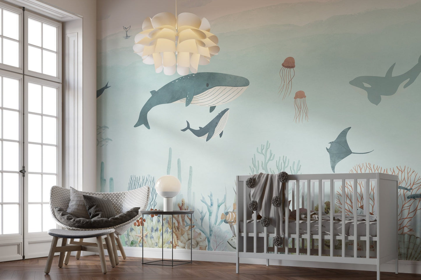 Nautical sea wallpaper mural depicting a large whale and calf in calm blue water.