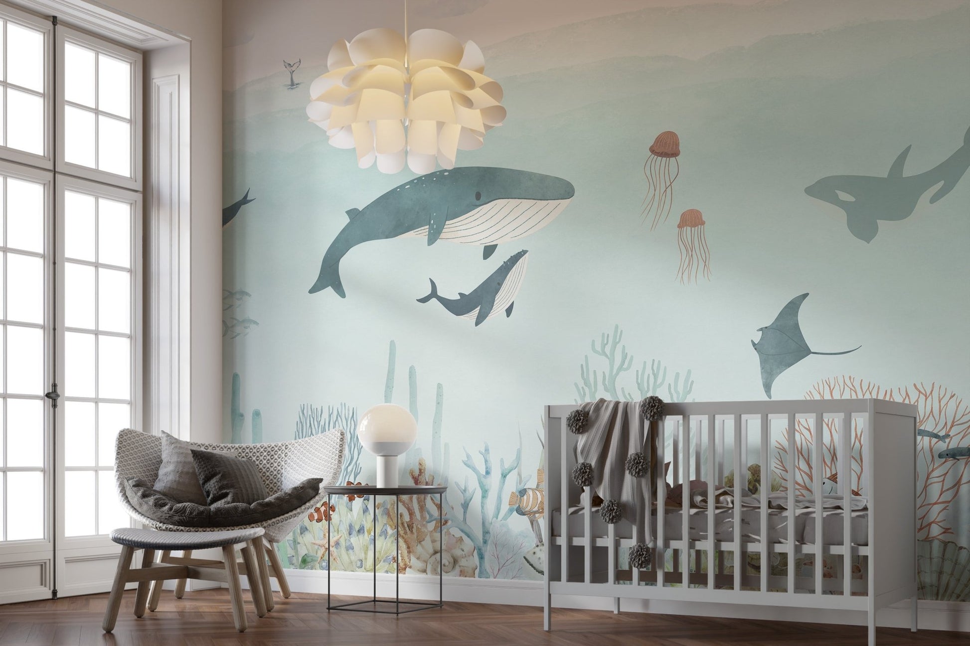 Nautical sea wallpaper mural depicting a large whale and calf in calm blue water.
