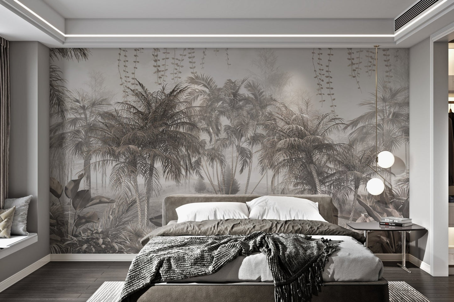 Tranquil palm forest wall mural for bright bedroom.