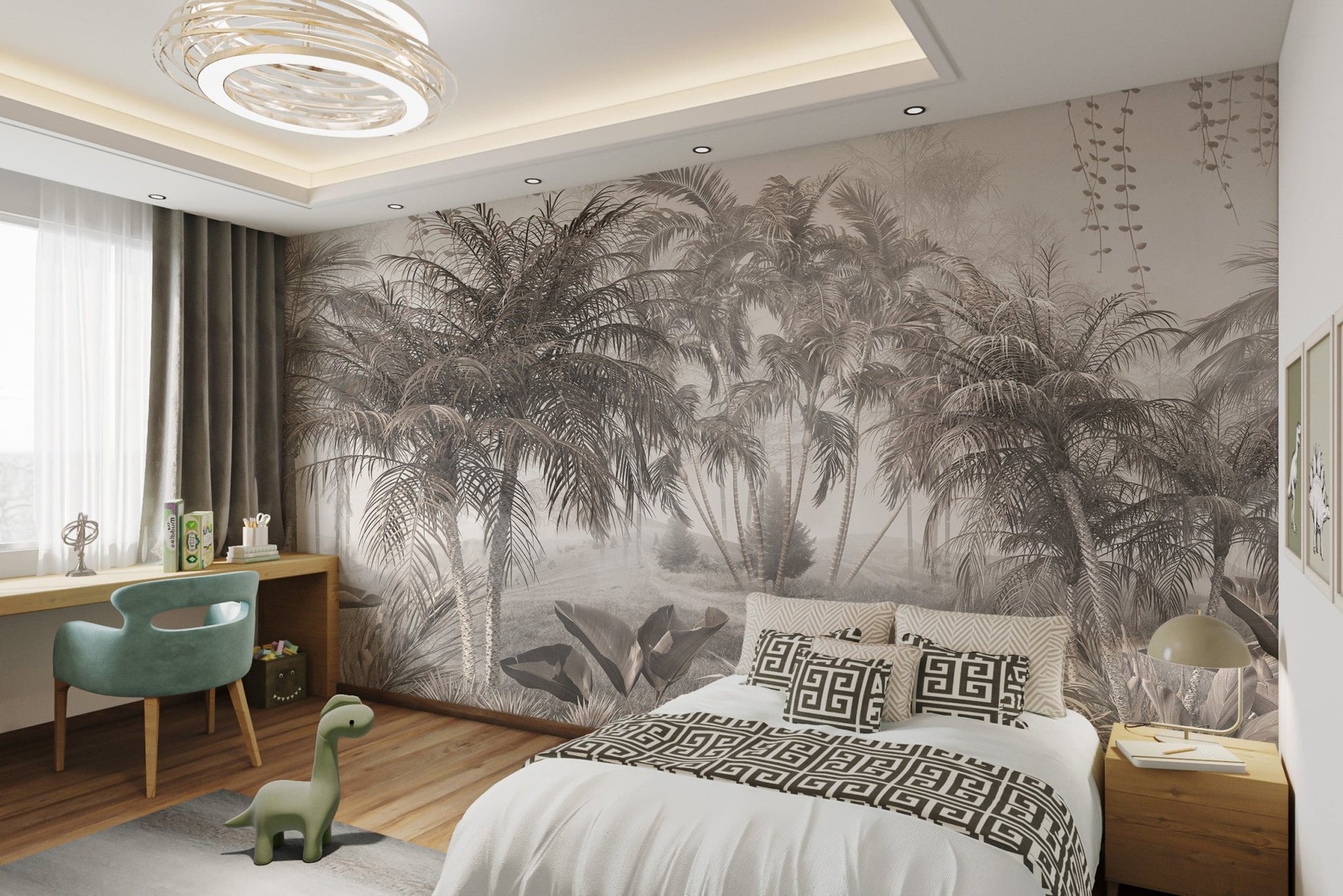 Vintage sketch style forest mural featuring palm tree silhouettes.