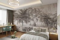 Vintage sketch style forest mural featuring palm tree silhouettes.