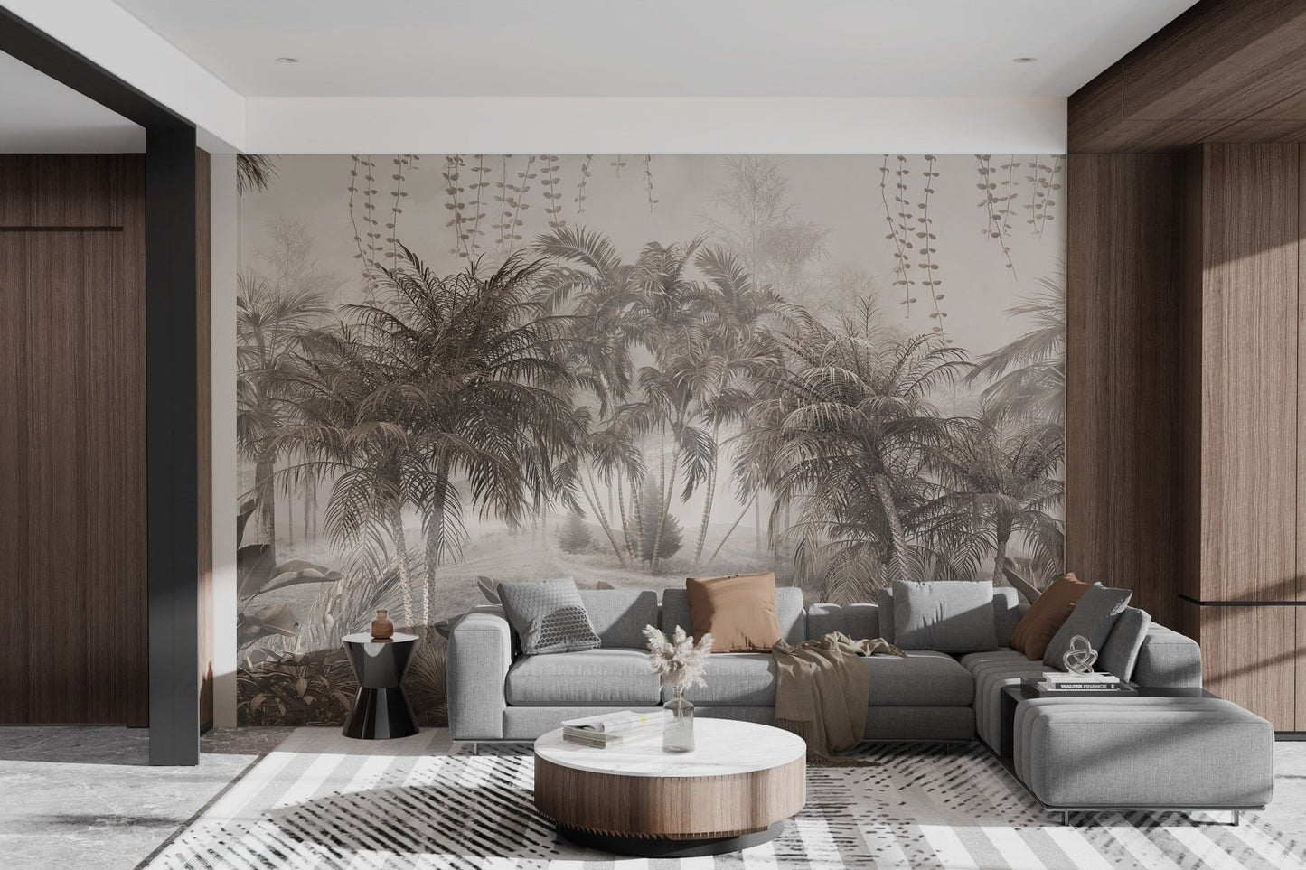 Muted tropical forest wall mural with soft colors for bright living space.