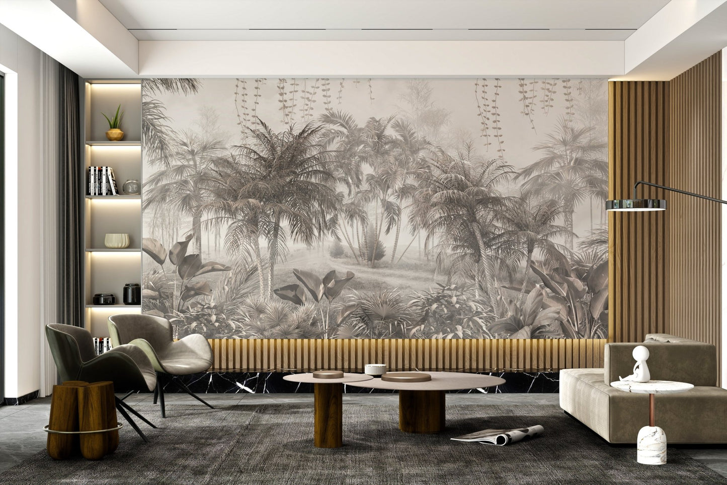 Tranquil palm forest mural for modern living room.