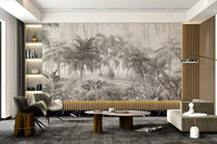 Tranquil palm forest mural for modern living room.