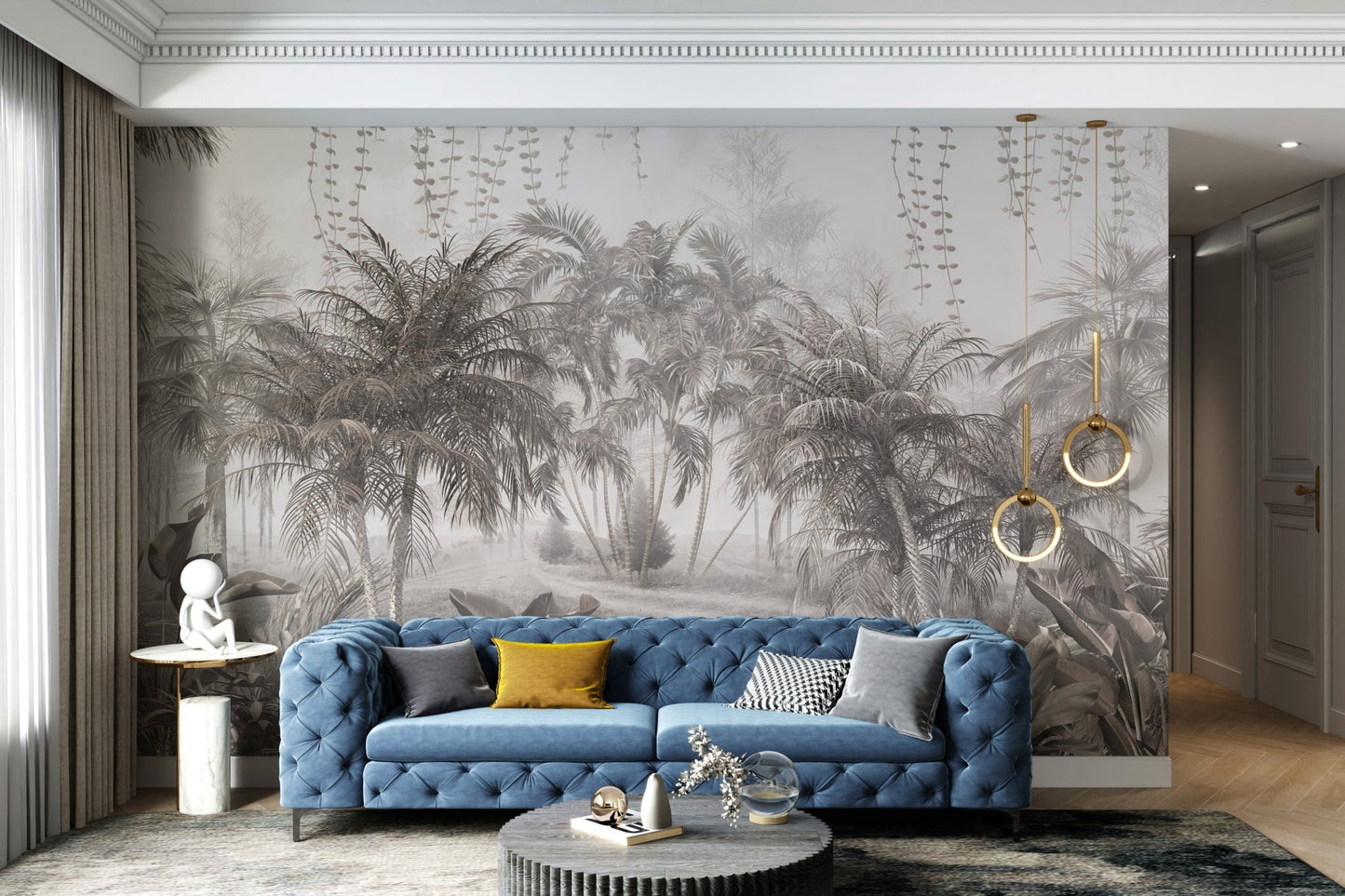 Elegant tropical forest leaves mural with muted tones for hallway.