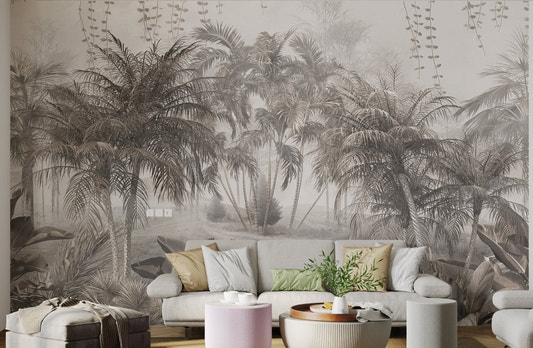 Artistic forest wall mural showing detailed tropical leaves in living area.