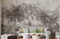 Artistic forest wall mural showing detailed tropical leaves in living area.