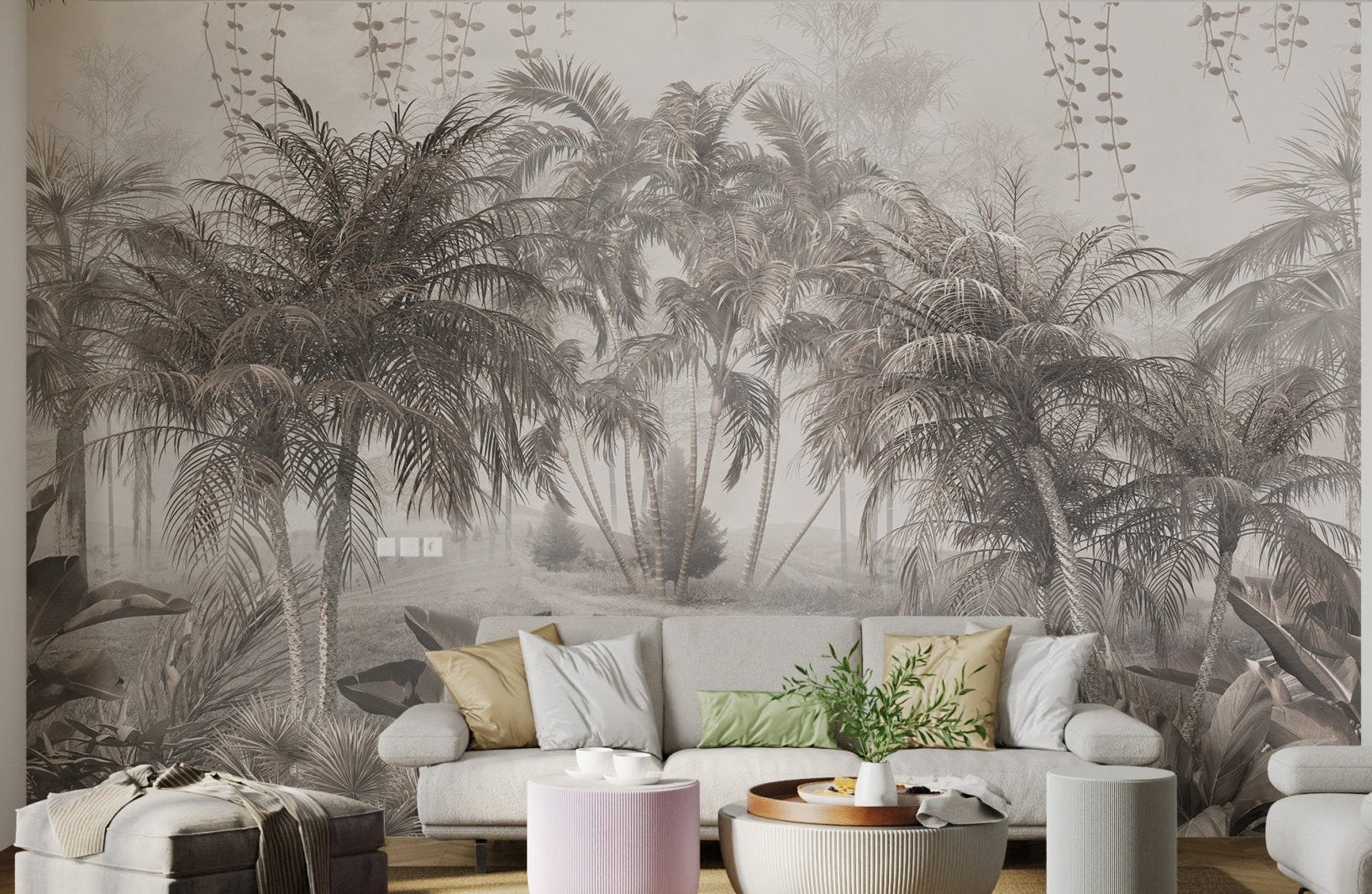 Artistic forest wall mural showing detailed tropical leaves in living area.