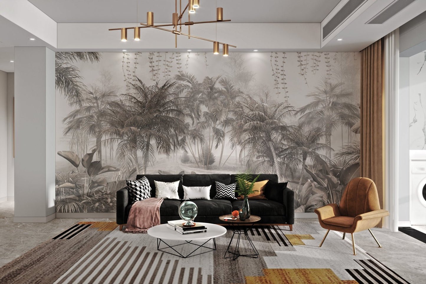 Soft gray tropical palm forest wall mural in modern living space.