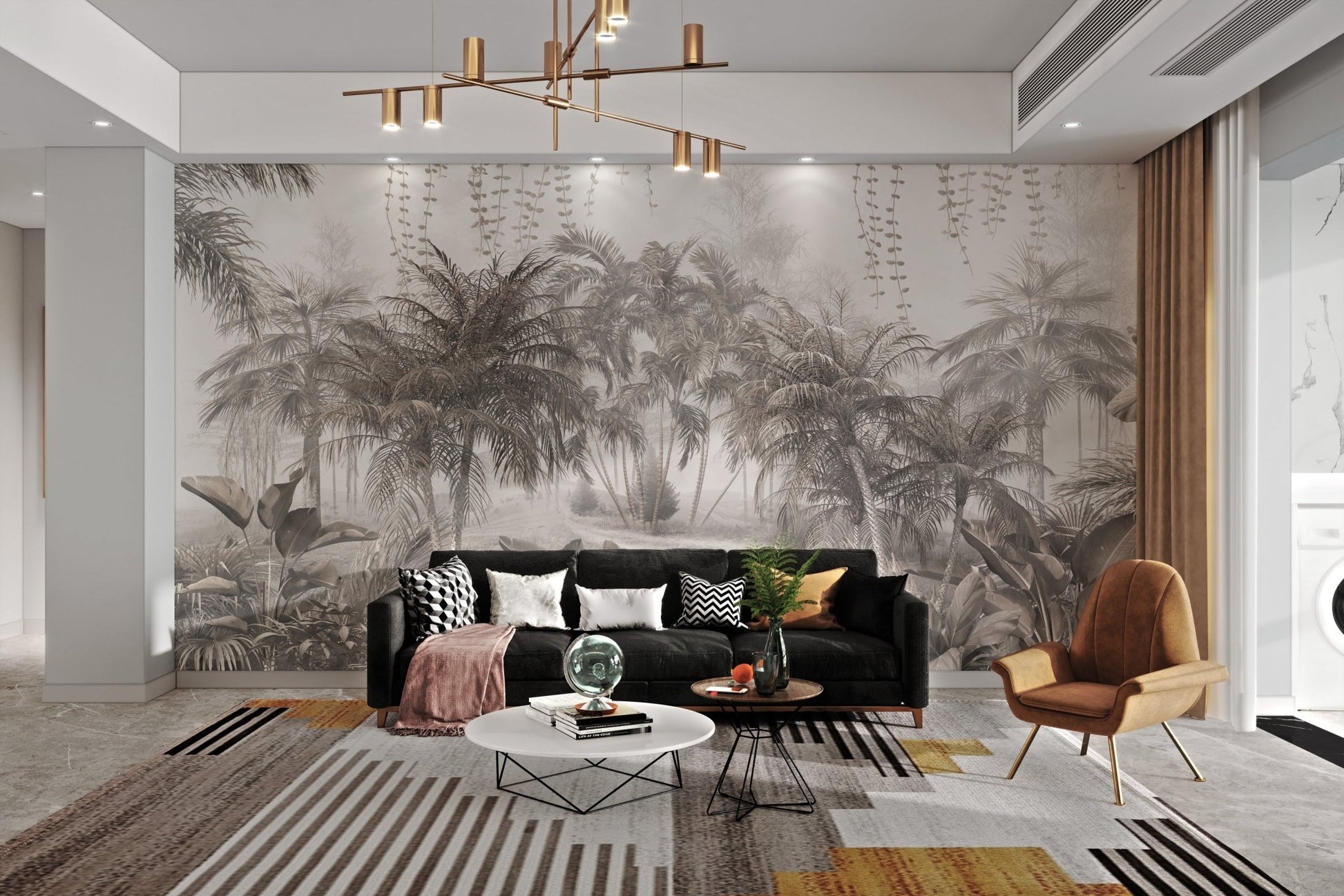 Soft gray tropical palm forest wall mural in modern living space.