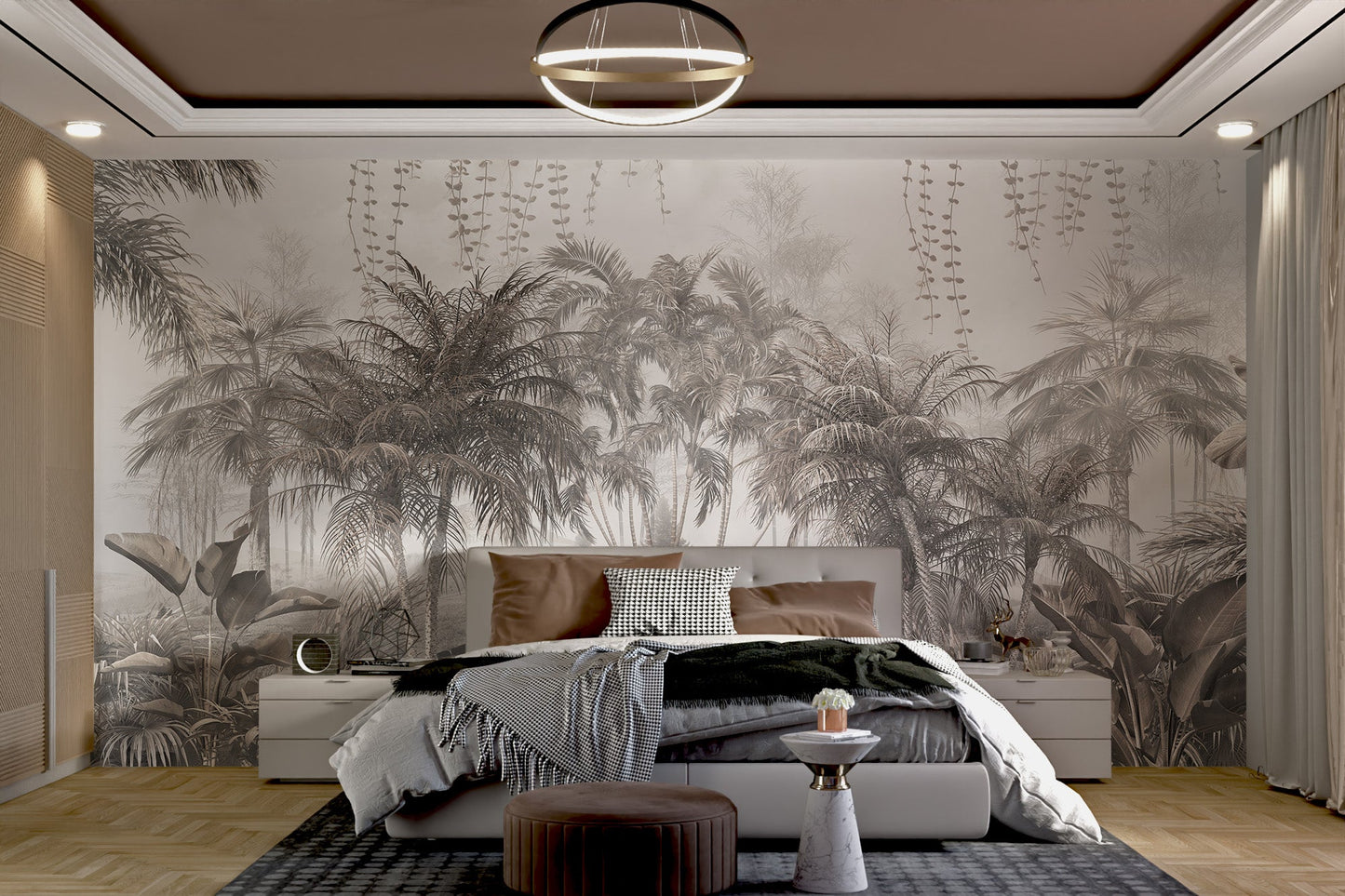 Neutral sepia forest wall mural for large scale bedroom interior.