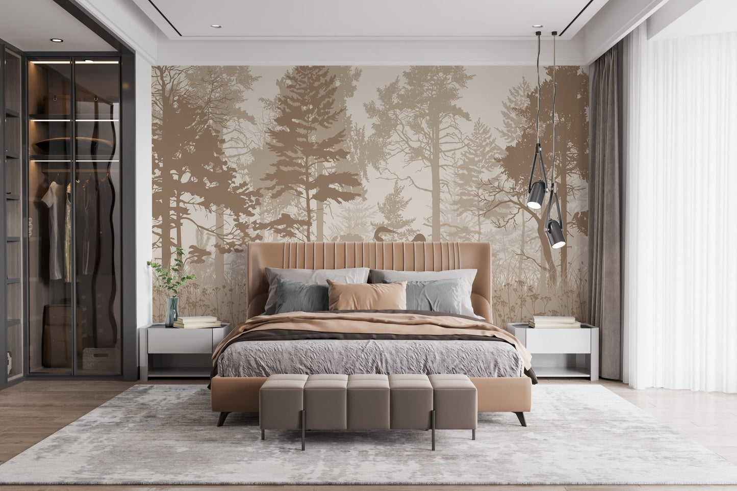 Monochrome brown forest wall mural in a suite bedroom.