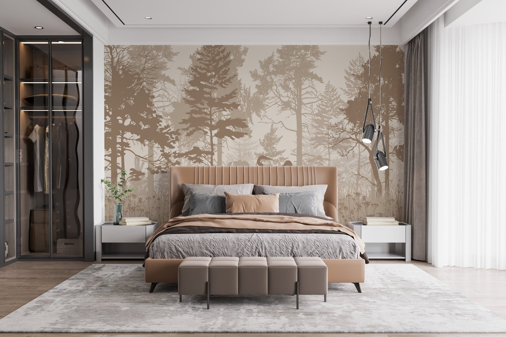 Monochrome brown forest wall mural in a suite bedroom.