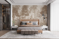 Monochrome brown forest wall mural in a suite bedroom.