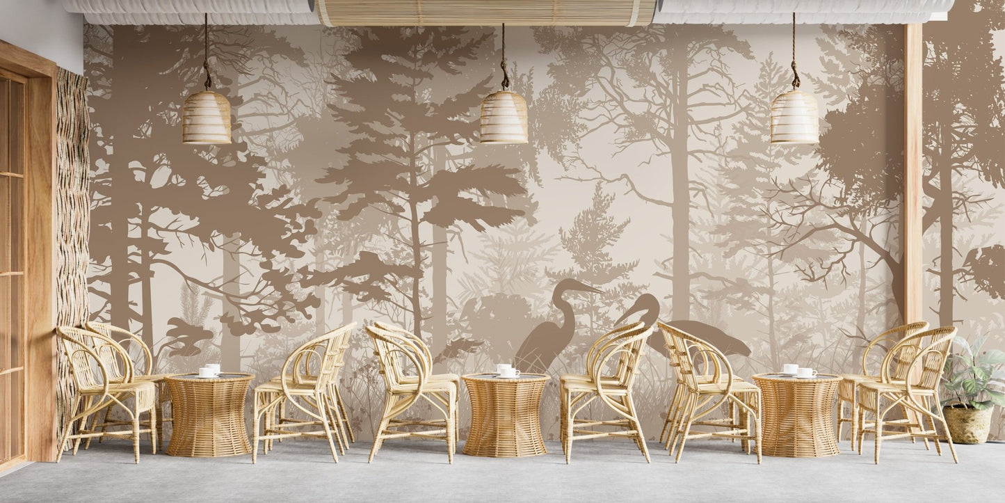 Sepia Forest Heron Bird Wall Mural in a cozy dining nook.