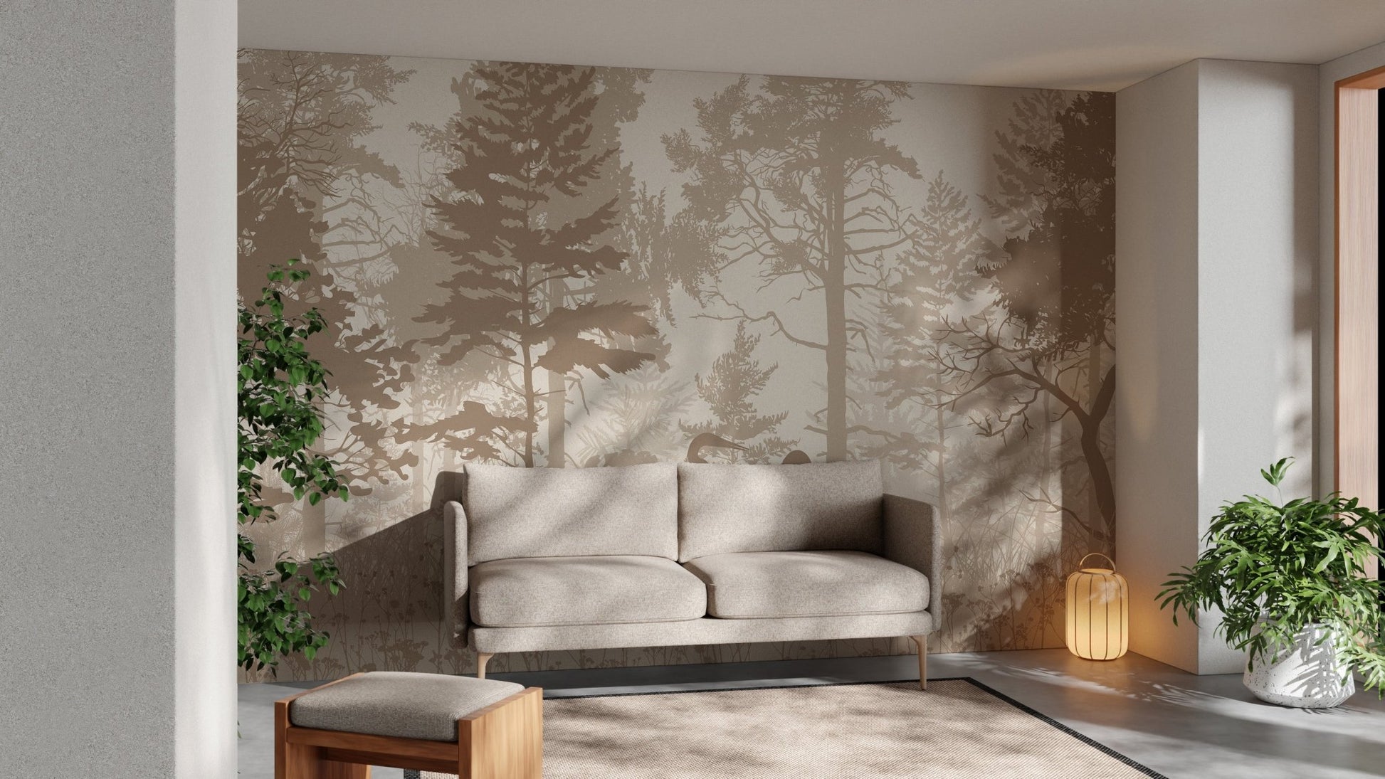 Rustic forest wall mural in a bright apartment living area