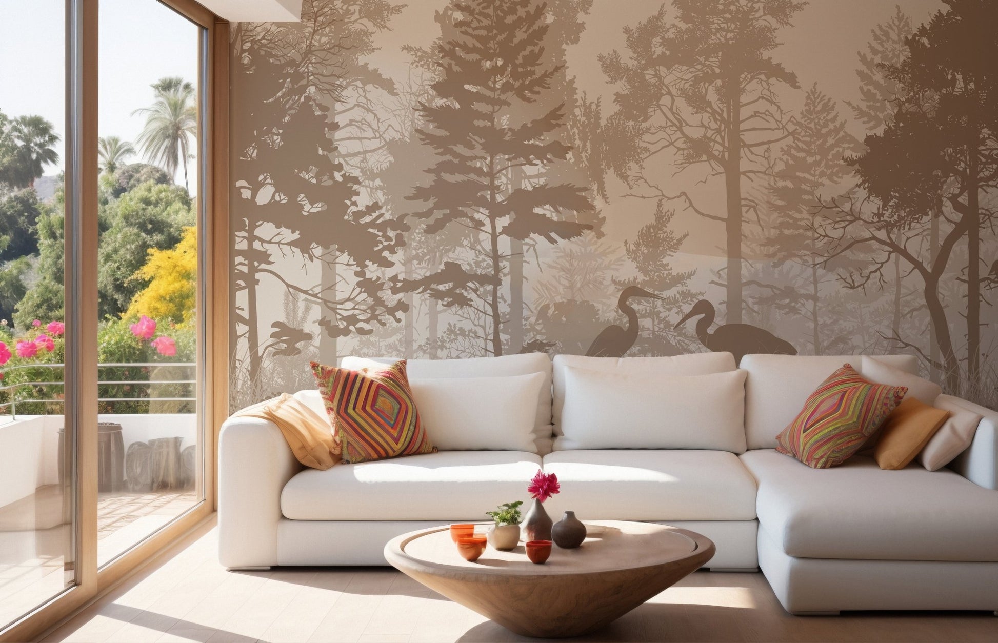 Serene Sepia Forest Heron Bird Mural for bright living room.