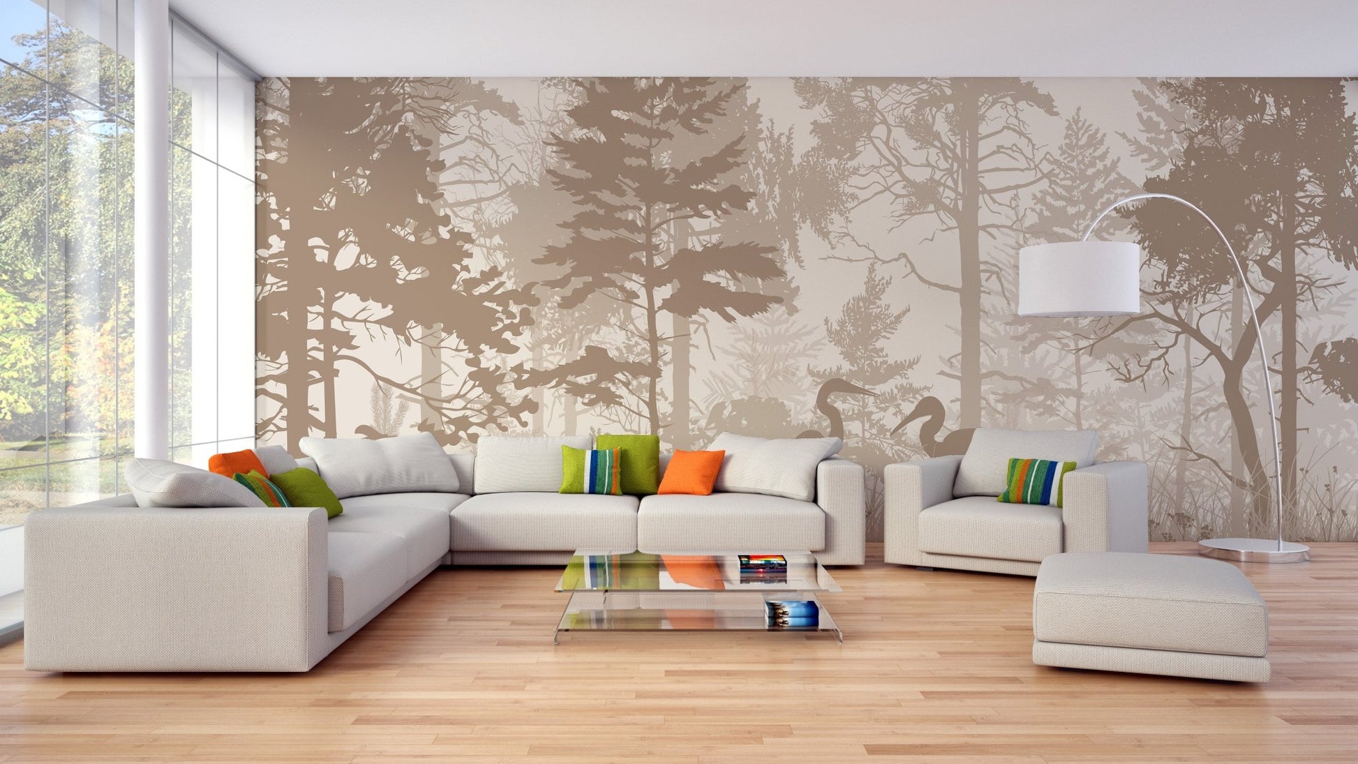 Brown pine forest wall mural behind a white sectional sofa in living room.