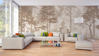 Brown pine forest wall mural behind a white sectional sofa in living room.