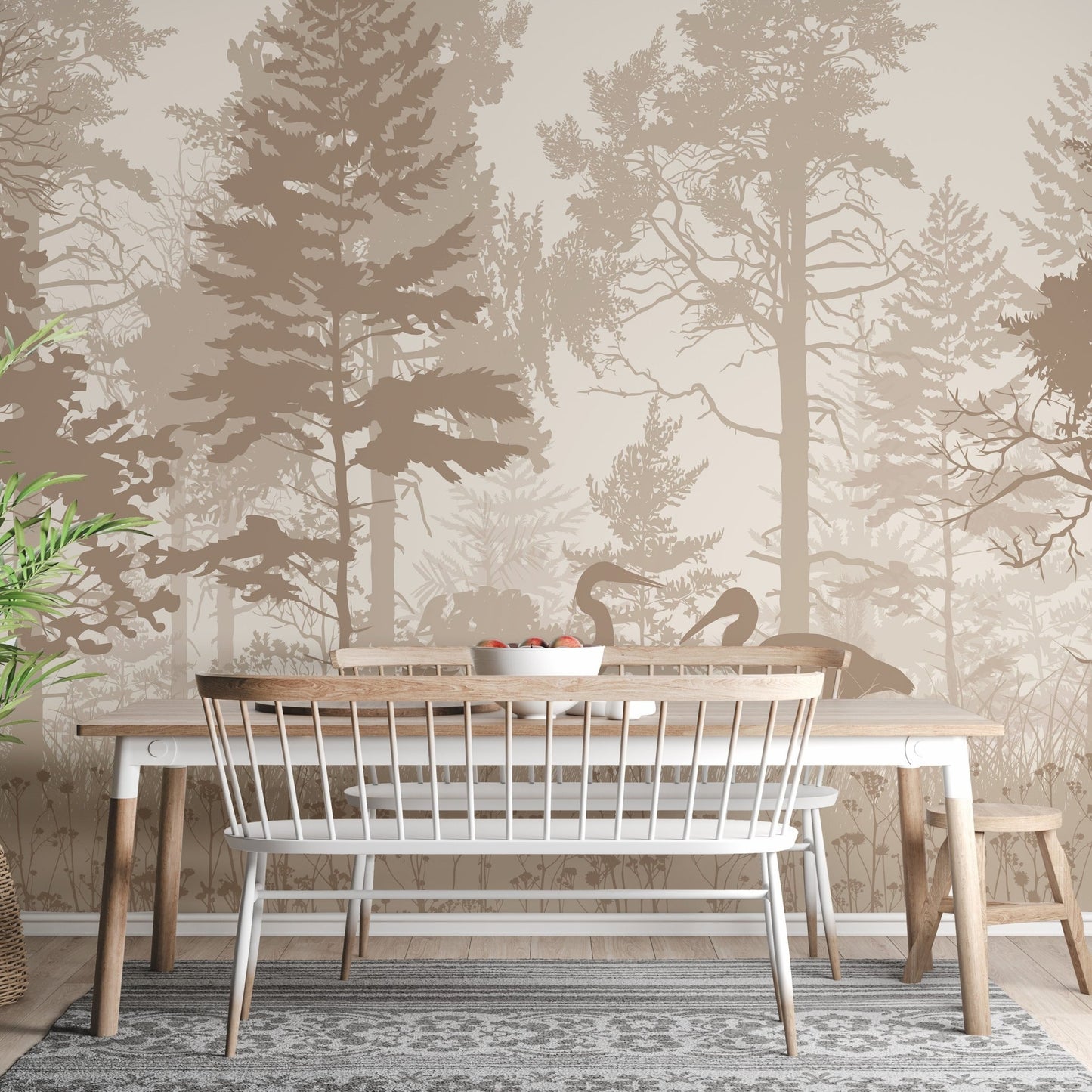 Brown forest landscape wall mural behind a wooden dining table.