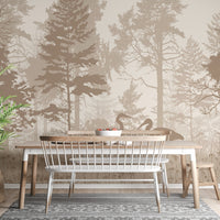 Brown forest landscape wall mural behind a wooden dining table.