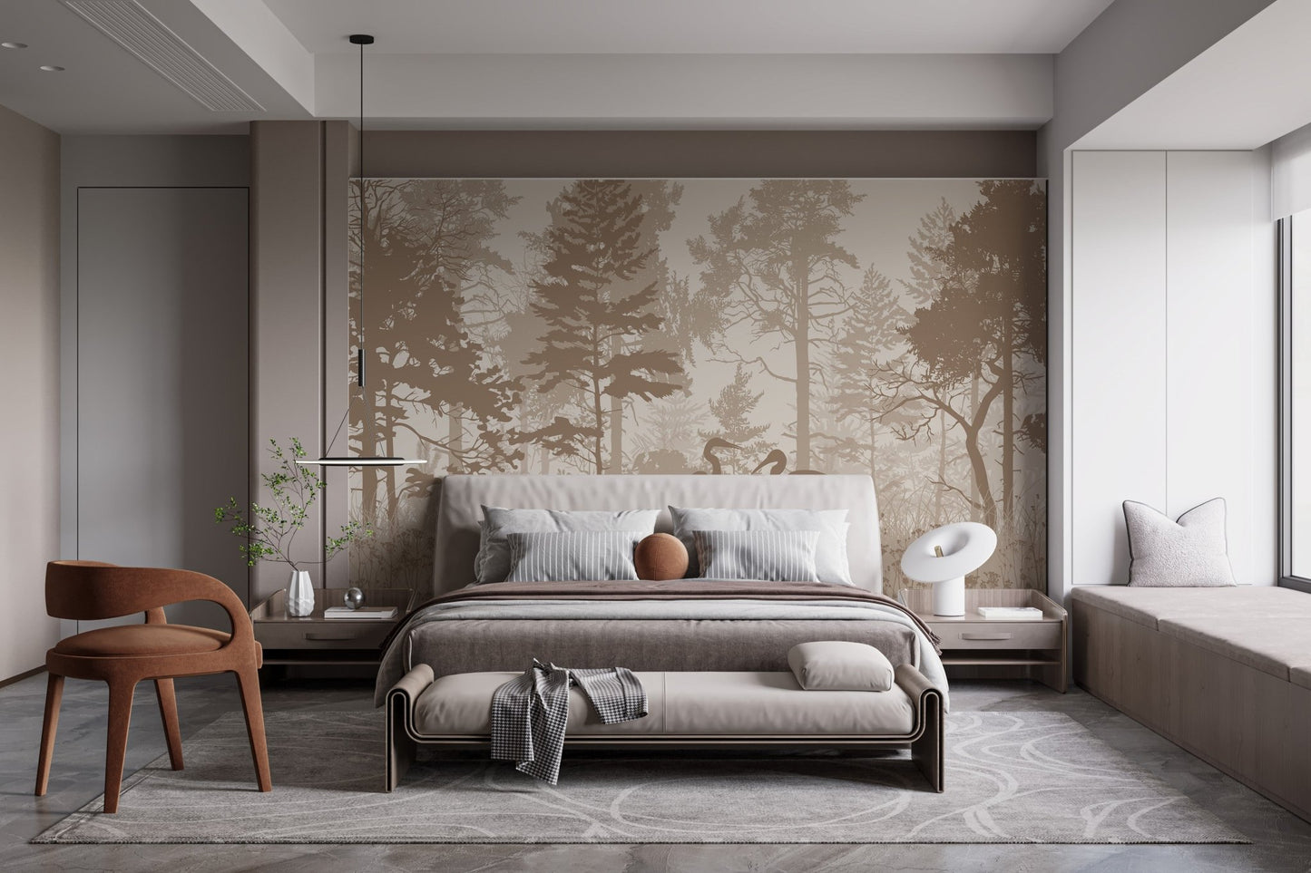 Vintage forest wall mural with heron birds in a minimalist bedroom.