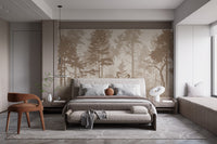 Vintage forest wall mural with heron birds in a minimalist bedroom.
