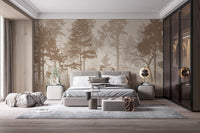 Sepia Forest Heron Bird Wall Mural in a modern master bedroom.