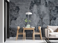 Modern dining area featuring a grey tree pattern wall mural.