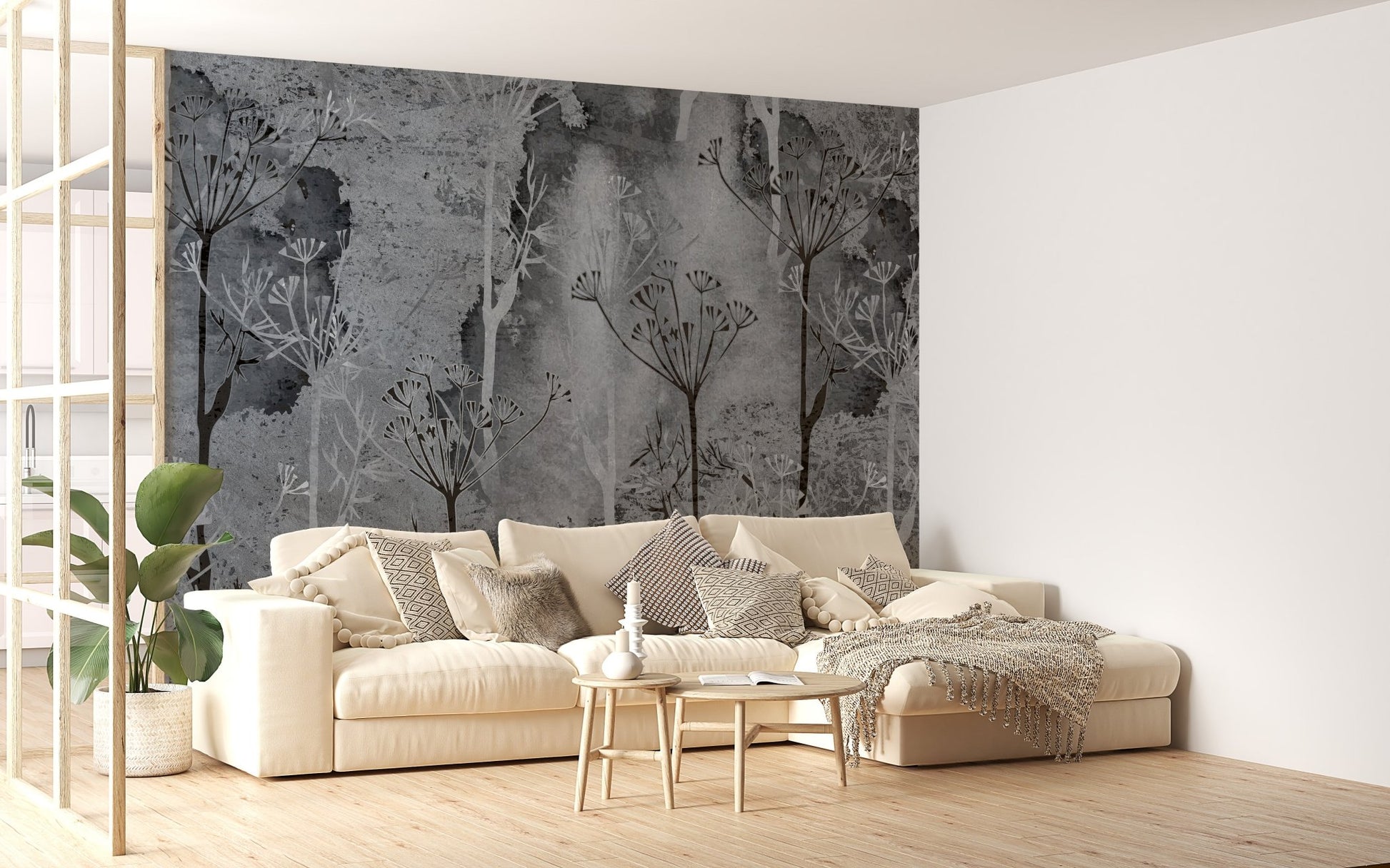 Grey tree silhouette wall mural in a modern minimalist living room setting