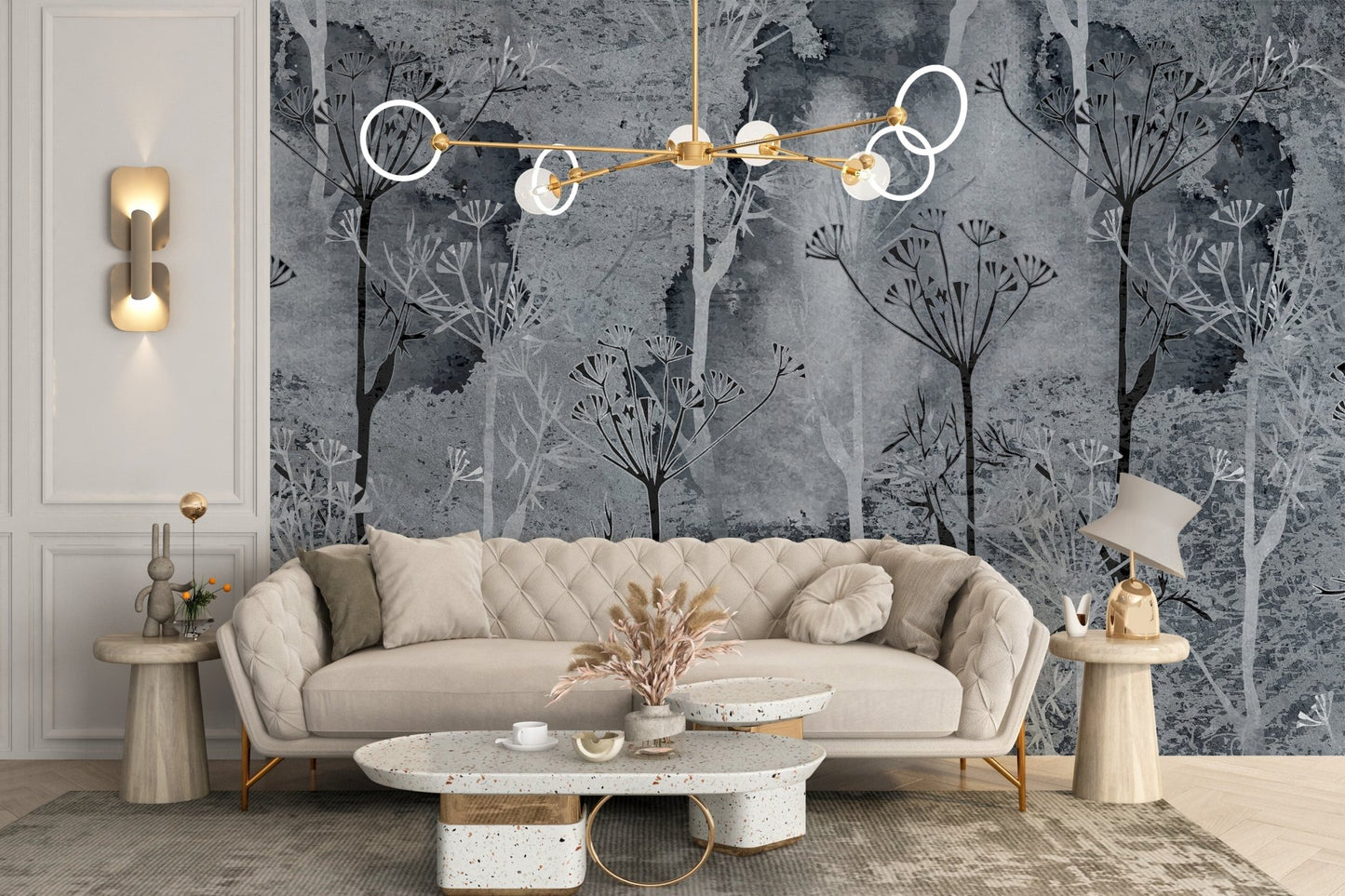 Grey abstract woodland wall mural in a modern residential space