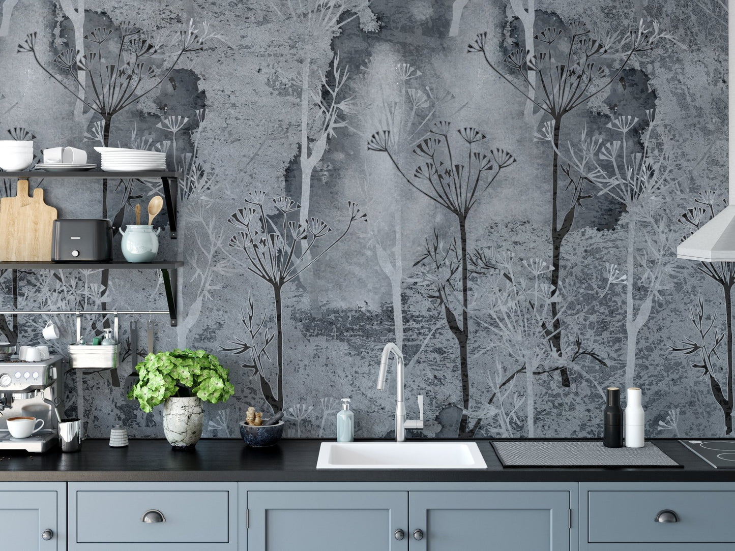 Grey abstract forest wall mural installed as a kitchen splashback.