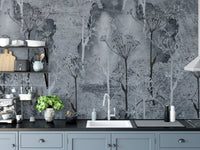 Grey abstract forest wall mural installed as a kitchen splashback.