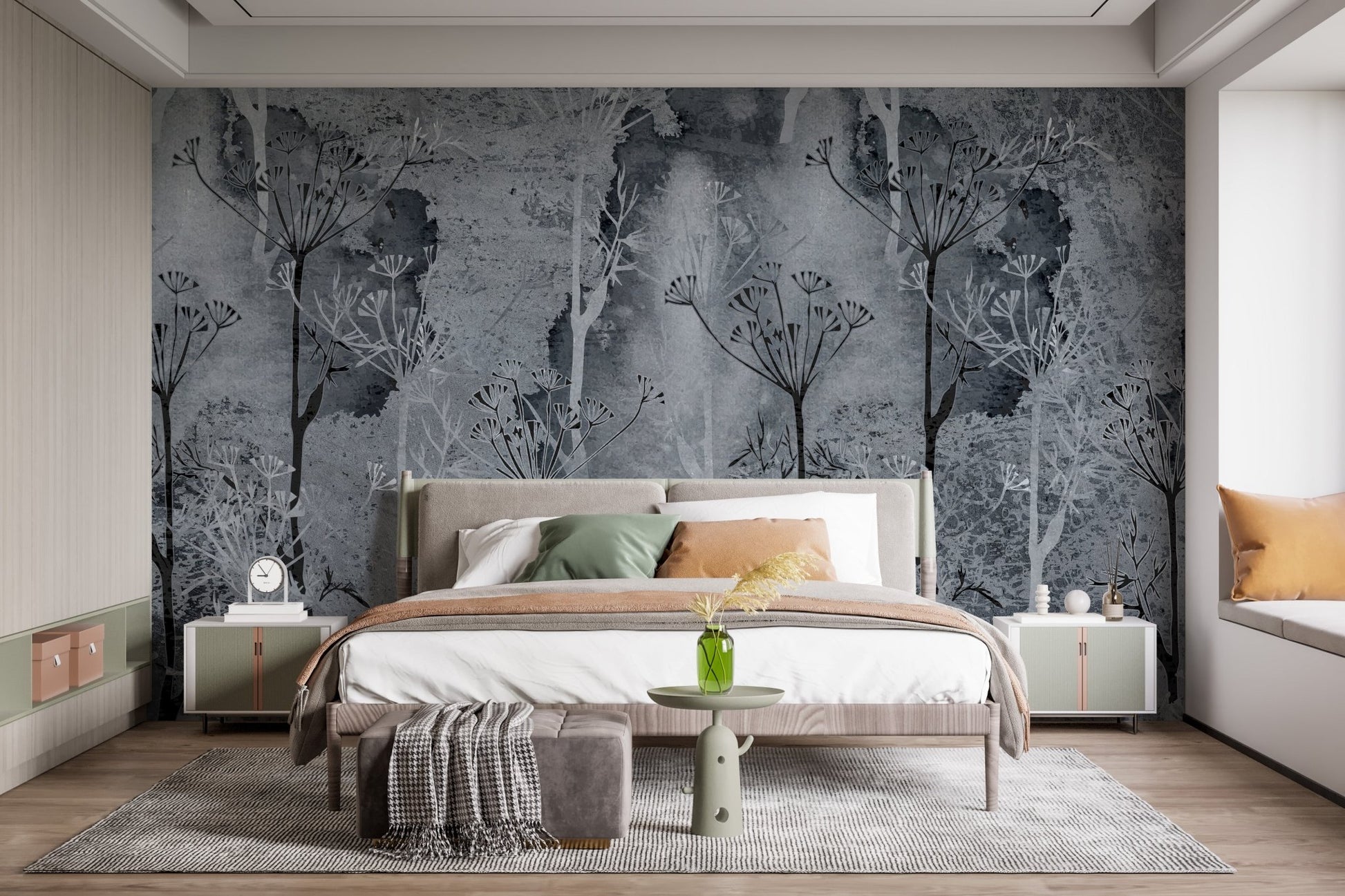 Dark grey abstract woodland mural for a modern master bedroom feature wall.