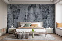 Dark grey abstract woodland mural for a modern master bedroom feature wall.
