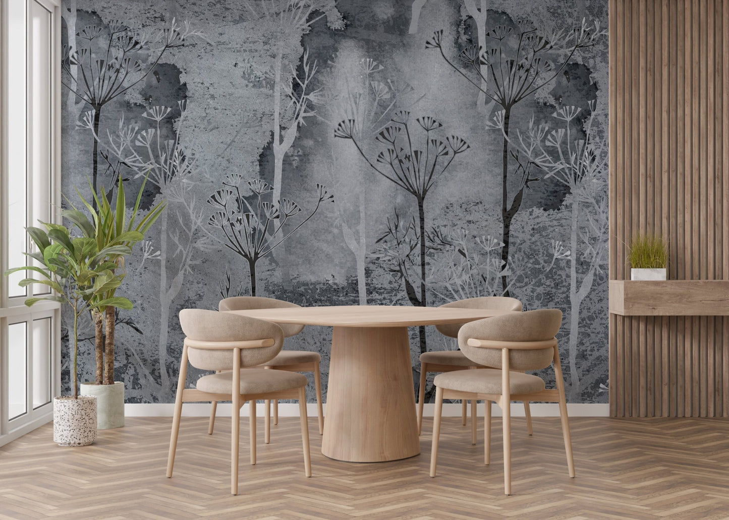 Sepia Gray Colored Abstract Forest Trees Wall Mural in a dining room.