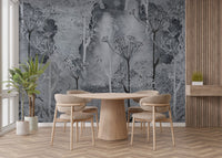 Sepia Gray Colored Abstract Forest Trees Wall Mural in a dining room.
