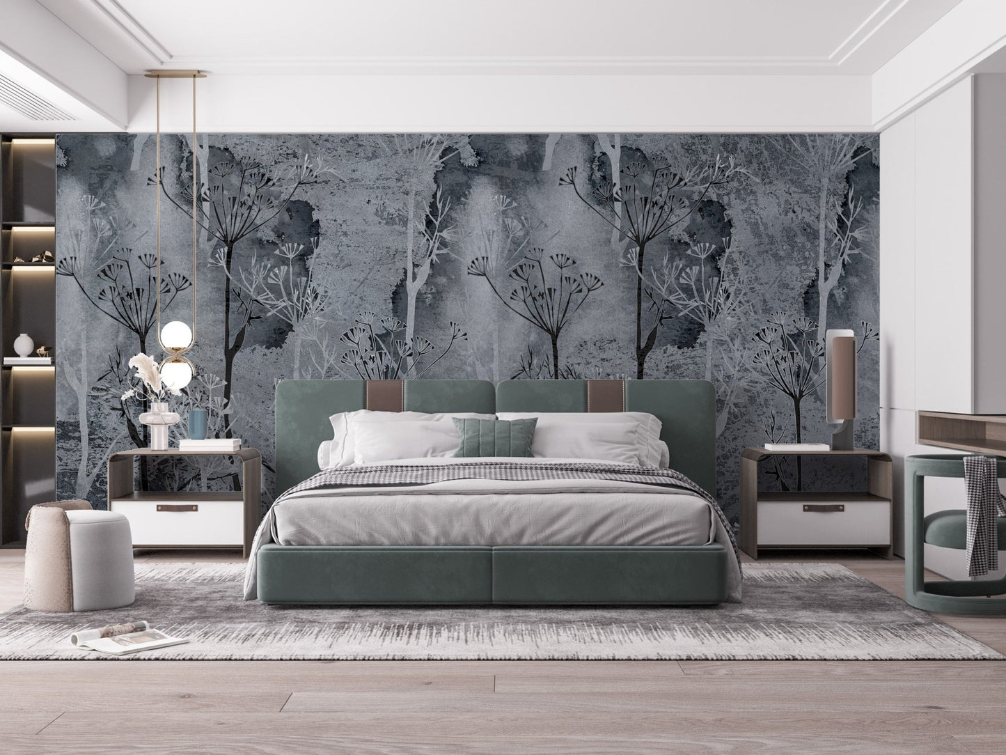 Sepia Gray Colored Abstract Forest Wall Mural in a contemporary bedroom.