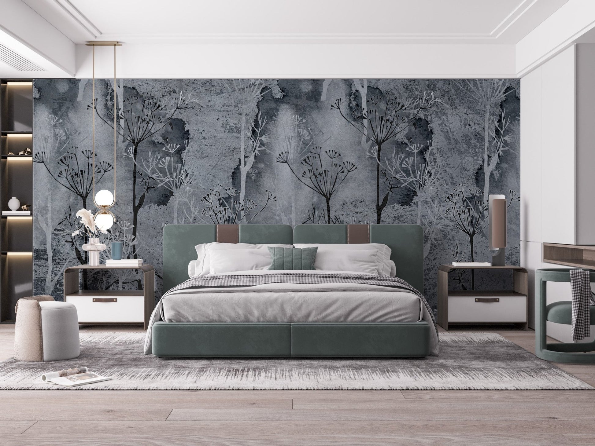 Sepia Gray Colored Abstract Forest Wall Mural in a contemporary bedroom.