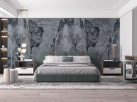 Sepia Gray Colored Abstract Forest Wall Mural in a contemporary bedroom.