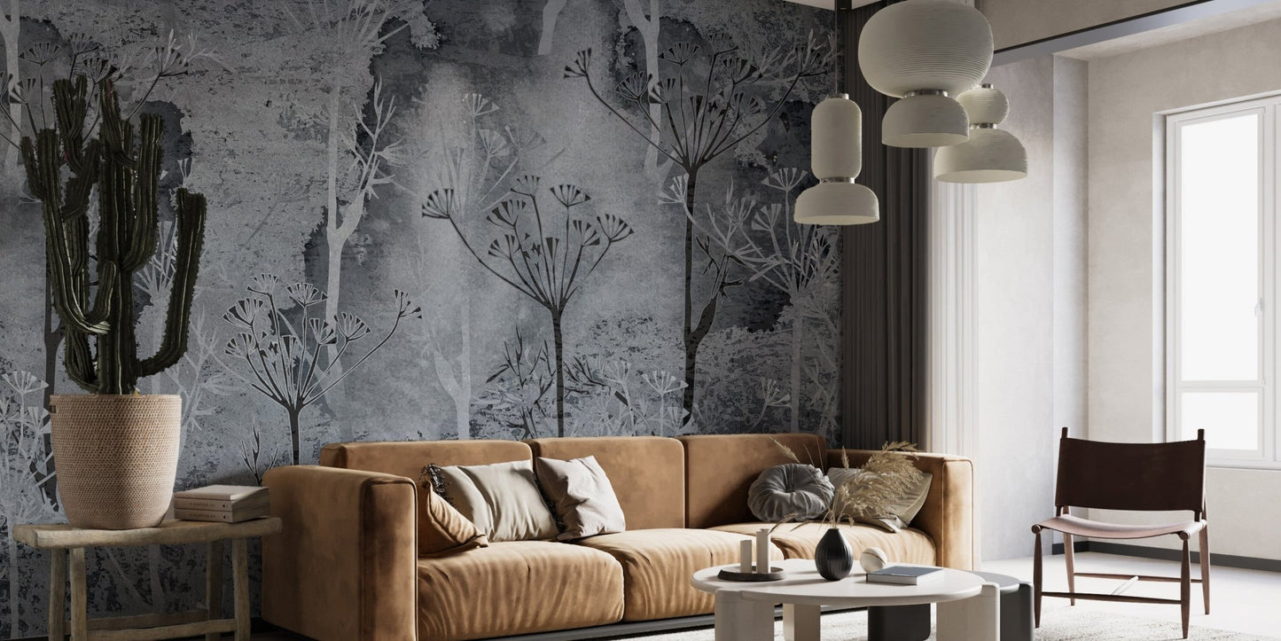 Contemporary living area with dark sepia grey forest wall mural.