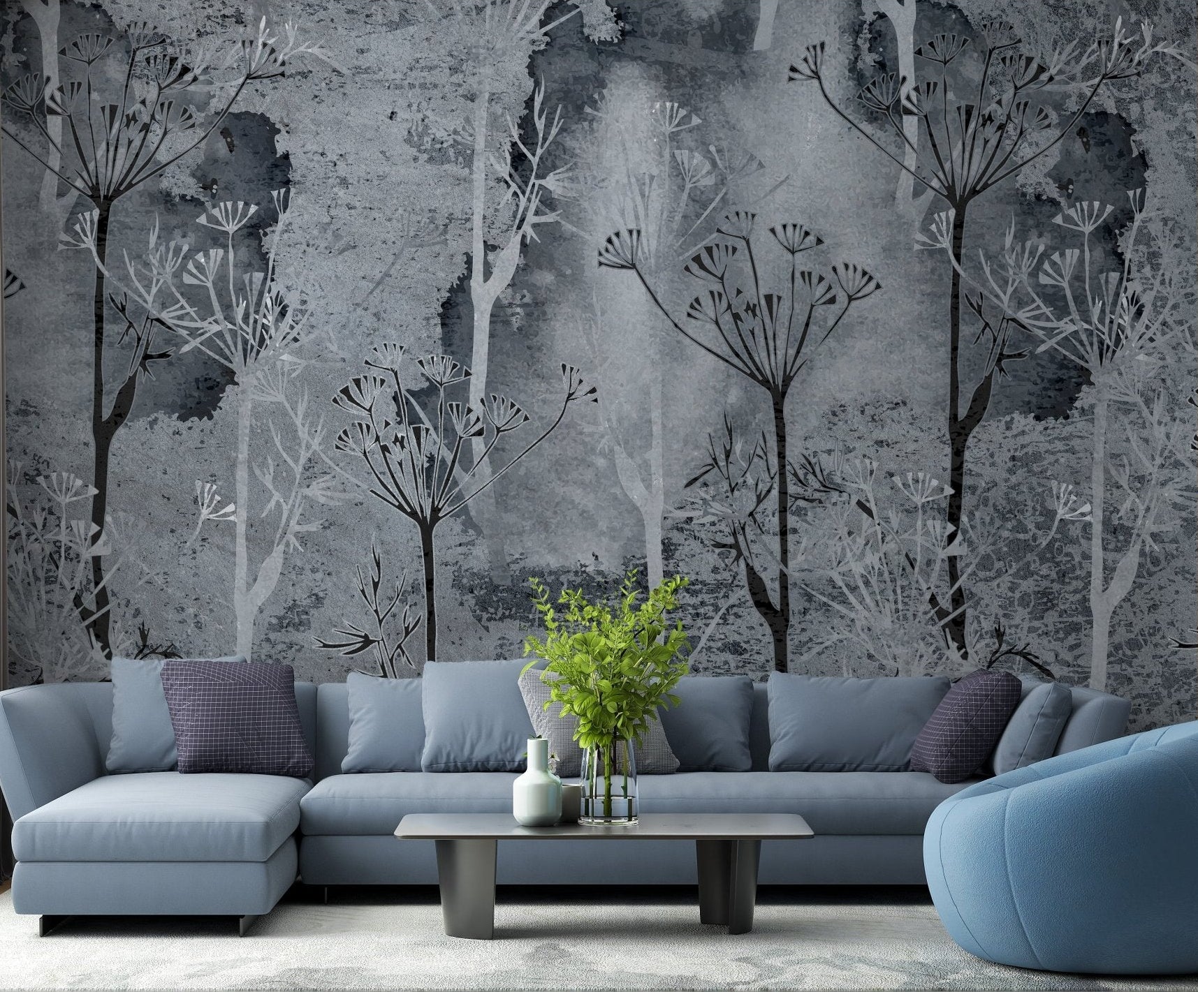 Sepia Gray Colored Abstract Forest Trees Wall Mural in living room.