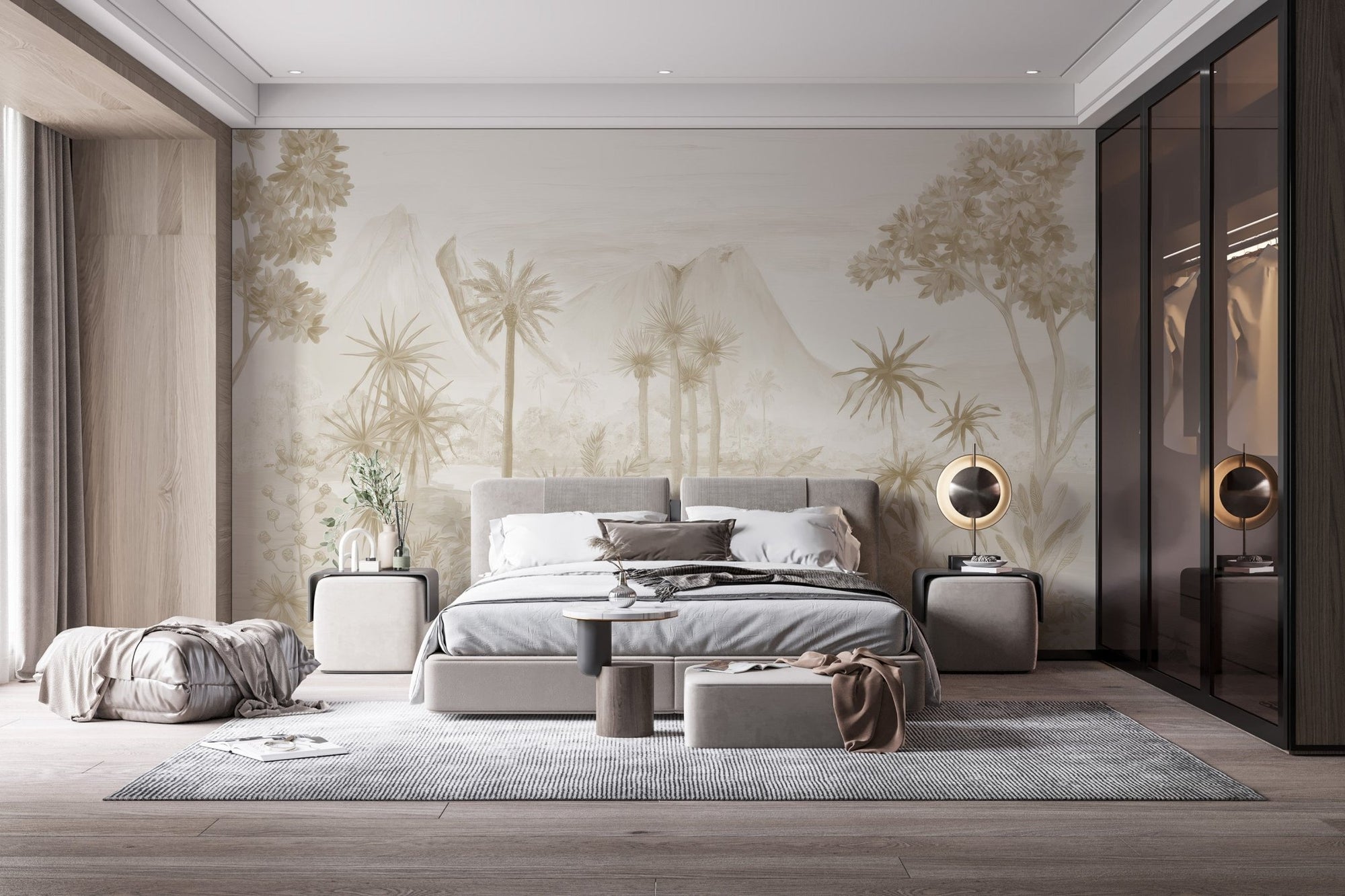 Monochromatic beige tropical jungle wall mural for a neutral interior.