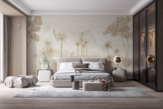 Monochromatic beige tropical jungle wall mural for a neutral interior.