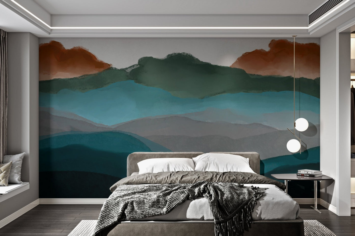 Tranquil abstract mountain landscape wall mural for bedroom interior.